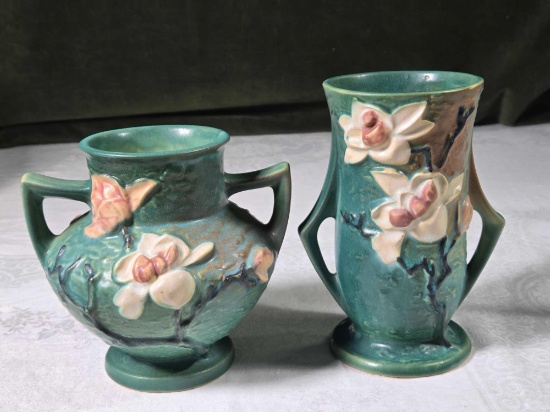 2 Roseville Pottery Green Glaze Magnolia Vases