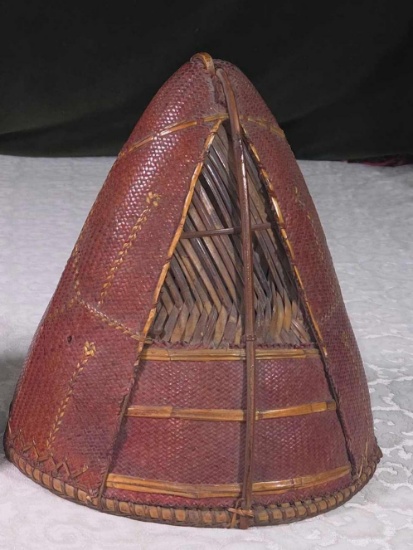 9" Antique Burmese Naga Tribe Men's Warrior Hat of Bamboo Cane, Orchid Fiber and Red Dye