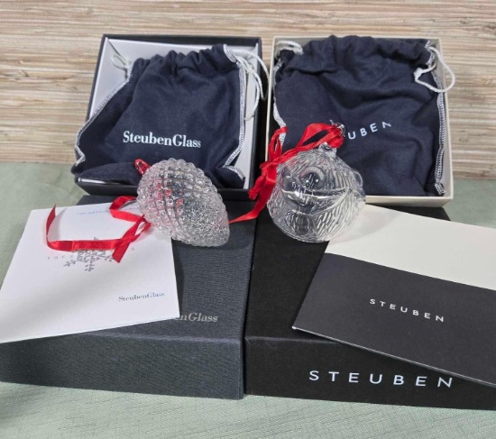 2 Steuben Crystal Ornaments in Boxes with Dustbags and Pamphlets