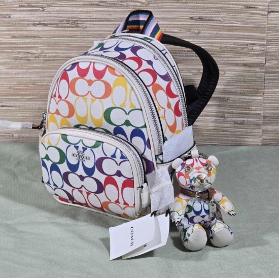NWT Coach Signature Rainbow Mini Court Backpack & Bear Keychain