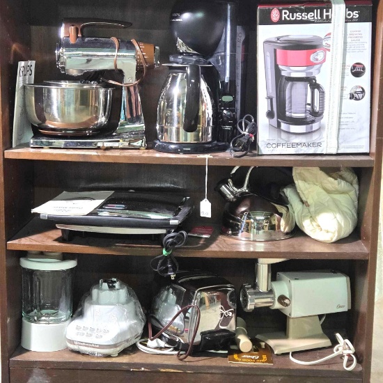 3 Shelves of Like New Kitchen Small Appliances; Krups, Sunbeam, Russell Hobbs, Bistro, KitchenAid ++