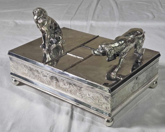 Antique Double Compartment Silverplate Cigar Humidor with Hunting Dog Finials