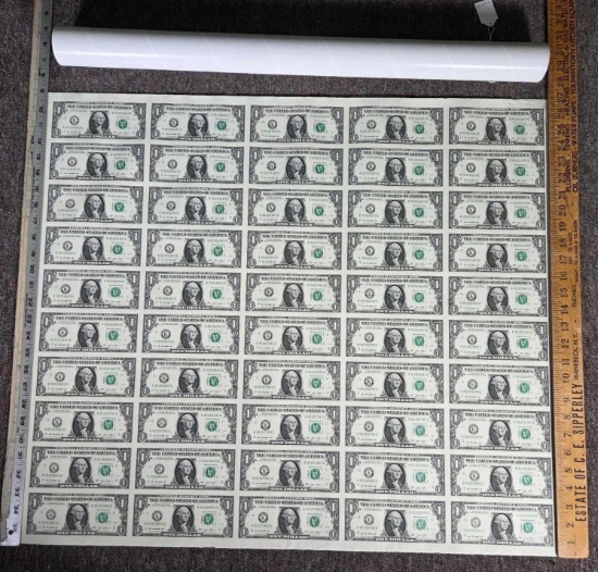 Full Uncut Sheet of 50 US One Dollar 2003 $1 Bills Notes