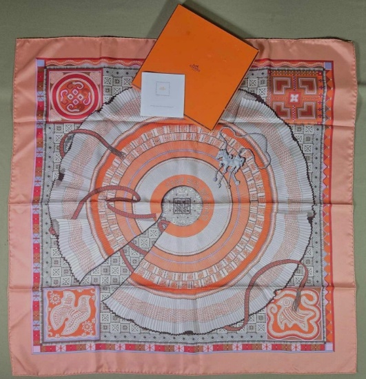 Authentic Hermes "Cent Plis Des Miao" 90cm Silk Scarf In Orig. Box