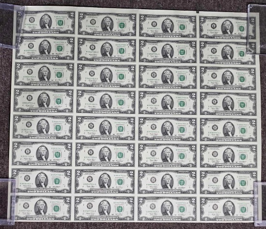 32-Note Uncut Sheet of US 2003 $2 Two Dollars Federal Reserve Notes