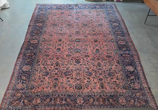 Antique 1920s Persian Keshan Rug - Large 11x16 Salmon Rose & Navy Blue Wool Oriental Carpet