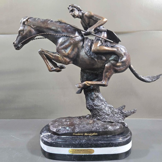18.5" After Frederic Remington "The Cheyenne" Bronze Warrior Statue on Layered Marble Base