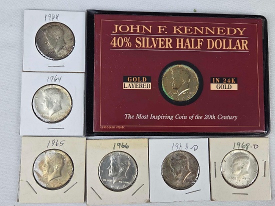 7 US Silver Kennedy Half Dollars - 2 1964 and 5 40% Silver