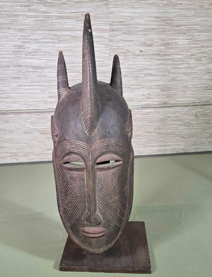 Natural Wood African Bambara N'Tomo Secret Society Boys Initiation 3 Horned Mask & Stand
