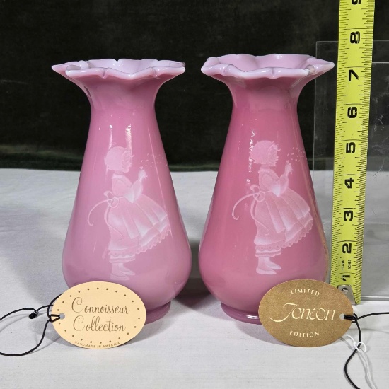 Pair of Fenton Connoisseur Collection Rose Quartz Sand Etched Vases 1983