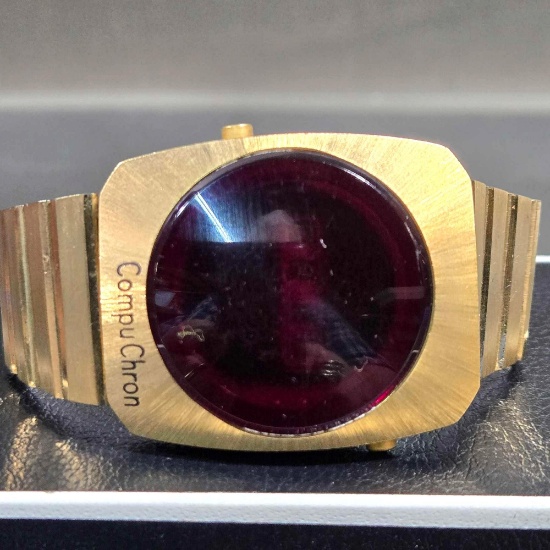Vintage 1970s CompuChron Gold LED Digital Watch -