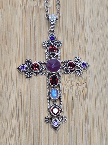 Nicky Butler Ruby, Garnet and Rainbow Moonstone Sterling Silver Cross Necklace