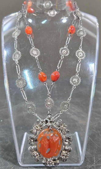Vintage 30" Filigree Sterling Silver and Carved Jade Necklace