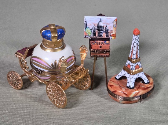 3 Limoges Porcelain Figural Trinket Boxes - Cinderella's Carriage, Artist's Easel and Eiffel Tower
