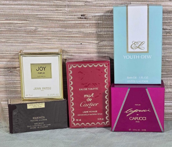 Collection of 5 Designer Perfumes Incl. Sealed Cartier and Hermes