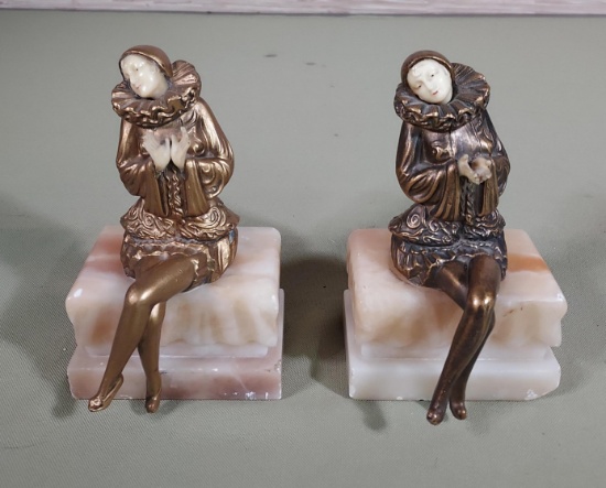 Pair of Art Deco Style Harlequin Figure Sitting on Carved Onyx Base Bookends