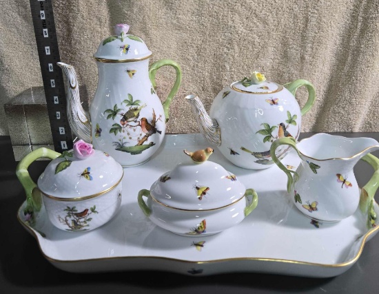 Herend Rothschild Bird Porcelain Coffee & Tea Service Set 427/RO Large 18" Handle Tray - 6pc