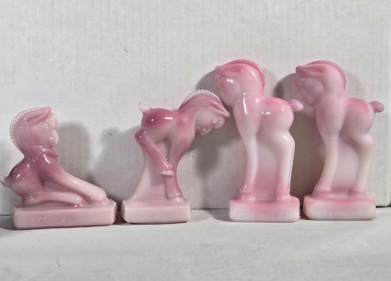 Full Set of 3 Heisey Colts in Rosalene &1 extra in Satin by Fenton from Original Heisey Molds 1992