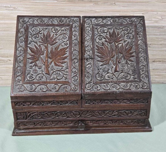 Antique Wooden Desk Top Stationery/ Letter Box with Carved Leaf Design