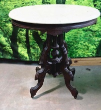 Antique Victorian Walnut Parlor Table with Oval White Marble Top