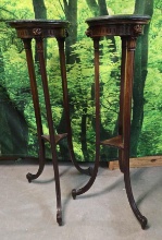 Pair Of Vintage Lion Head Carved Wood Plant Stands with Green Marble Inset Tops