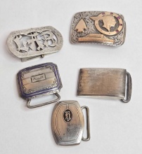 5 Art Deco Sterling Silver Belt Buckles Incl. Rare GM Dealer Pontiac Chief Of The Sixes