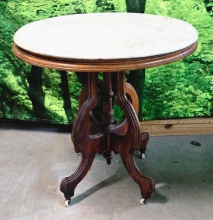 Victorian Turtle Top Parlor Marble Top Table and Carved Walnut Base on Casters Antique Furniture