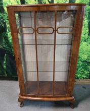 1930s British Art Deco Walnut Display Cabinet with Geometric Fretwork & Cabriole Legs