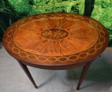 Antique Italian Sorrento Marquetry Inlaid Oval Parlor Center Table With Globe Central Medallion