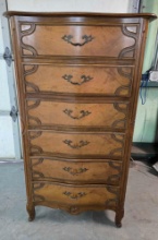Vintage Baker Furniture French Provincial walnut tallboy dresser with 6 serpentine drawers and