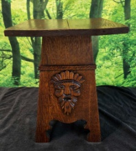 Carved North Wind Green Man Quarter Sawn Oak Arts & Crafts Mission Style Pedestal Stand Plant Table