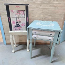Cottage Painted Advertising Drop Leaf Work Table and Paris Theme Jewelry Cabinet