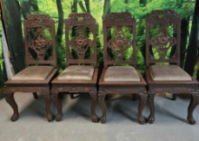 Set of 4 Antique Chinese Export Heavily Carved Wood Dragon & Lotus Dining Chairs with Velvet Seats