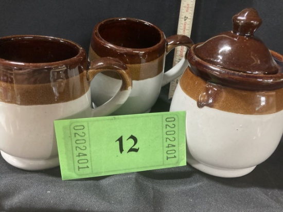 cream, Tan, and Brown mugs and sugar bowl