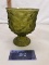 green glass candy dish on pedestal, EO Brody, midcentury