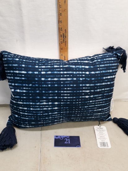 Pillow, navy blue tie dye lines with tassels