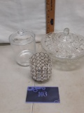 glass lot, apothecary jars, candy dish with lid, votive holder