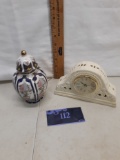 small urn with lid, mantle clock, ceramic