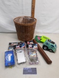 woven lined basket with recorder, phone cases, etc