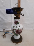 ceramic floral painted base, damage to image, no shade or chimney