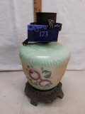hand painted floral imagery on glass lamp base, no globe or chimney