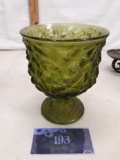 green glass candy dish on pedestal, EO Brody, midcentury