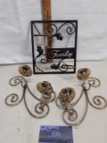 wall decor, two brass sconces candle holders, one metal Family votive holder with one glass