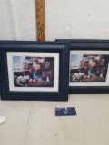 two framed images, blue frames, floral