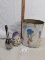 Holly Hobbie vintage metal trash can and two ceramic bud vases