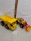 two plastic construction truck kids toys, dozer and dump