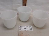 milk glass, three squat hobnail vases