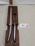 knife and fork serving set in wood case, heavy steel, no brand