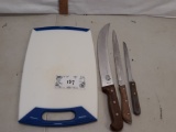 cutting board and three knives, Victorinox, Regent, Robeson