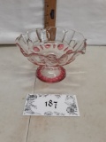 compote bowl, clear glass with painted cranberry accents